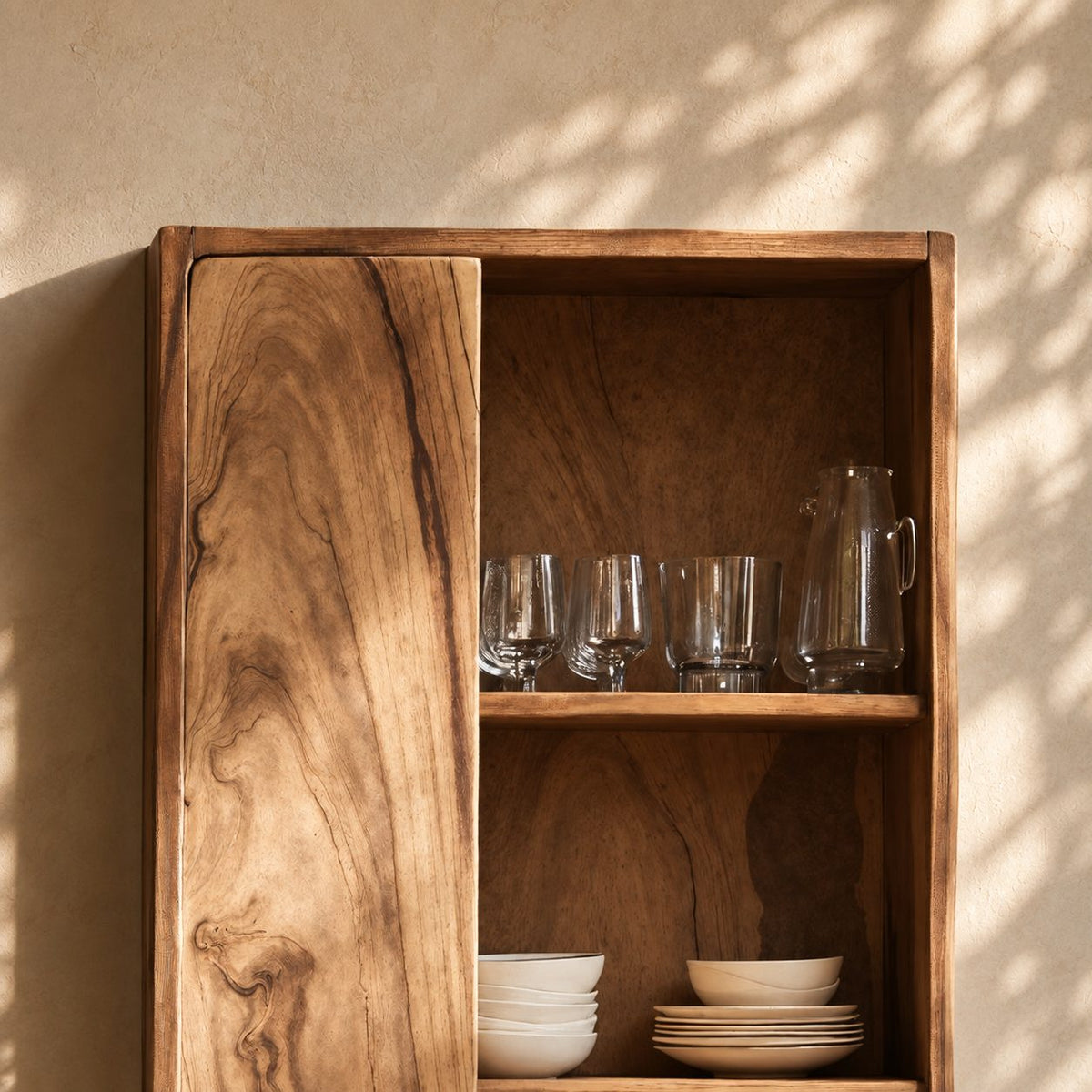 Tall Single Door Kitchen Wall Cabinet with Natural Grain Door and Open Shelves, Solid Wood Cupboard