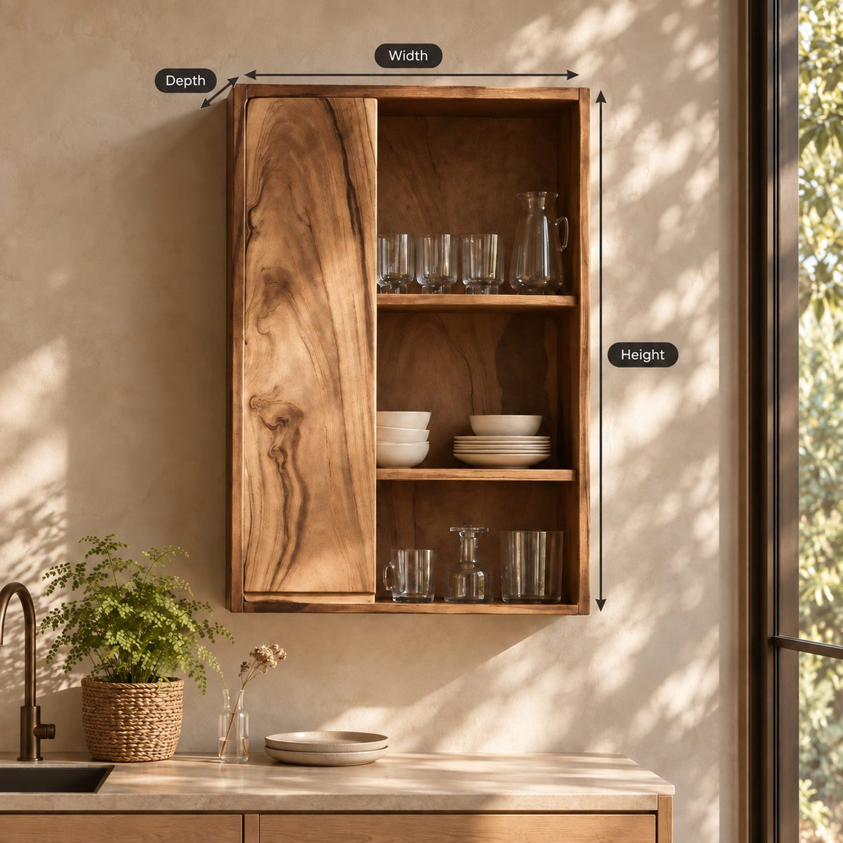 Tall Single Door Kitchen Wall Cabinet with Natural Grain Door and Open Shelves, Solid Wood Cupboard
