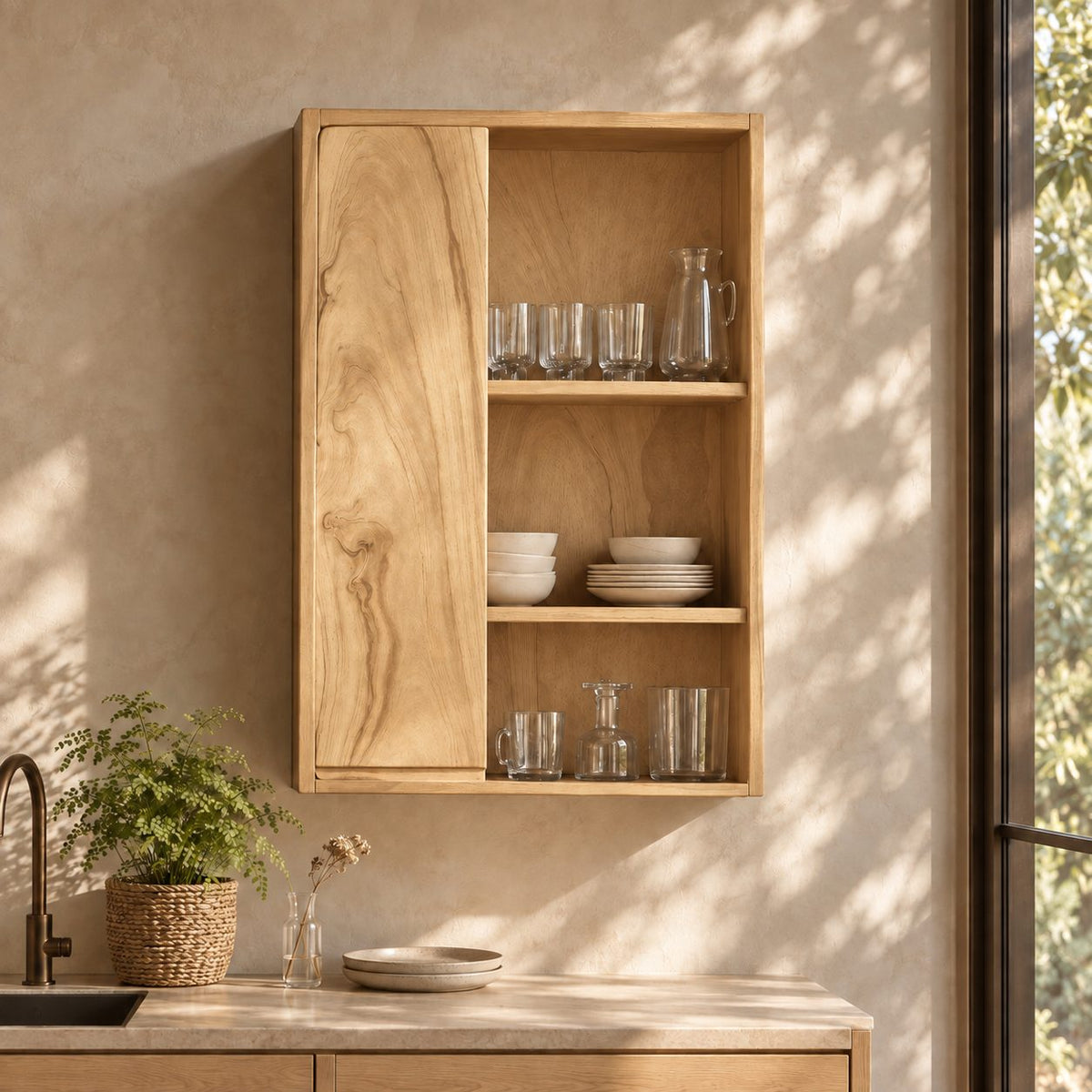 Tall Single Door Kitchen Wall Cabinet with Natural Grain Door and Open Shelves, Solid Wood Cupboard