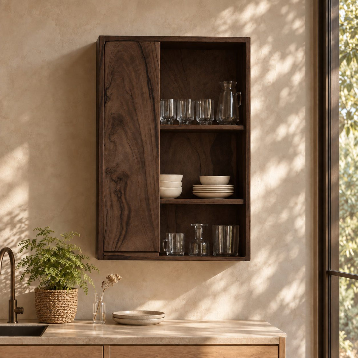 Tall Single Door Kitchen Wall Cabinet with Natural Grain Door and Open Shelves, Solid Wood Cupboard