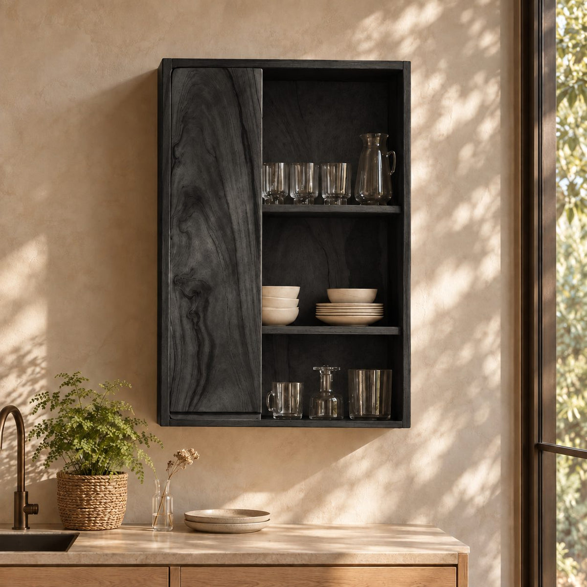 Tall Single Door Kitchen Wall Cabinet with Natural Grain Door and Open Shelves, Solid Wood Cupboard