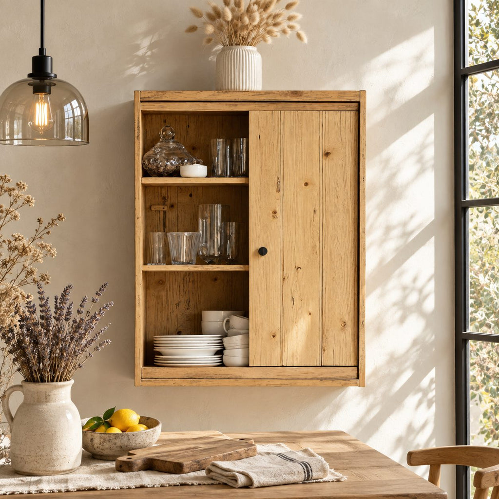 Farmhouse Plank Door Kitchen Wall Cabinet with Round Knob and Open Shelves, Rustic Solid Wood Cupboard