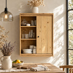 Farmhouse Plank Door Kitchen Wall Cabinet with Round Knob and Open Shelves, Rustic Solid Wood Cupboard