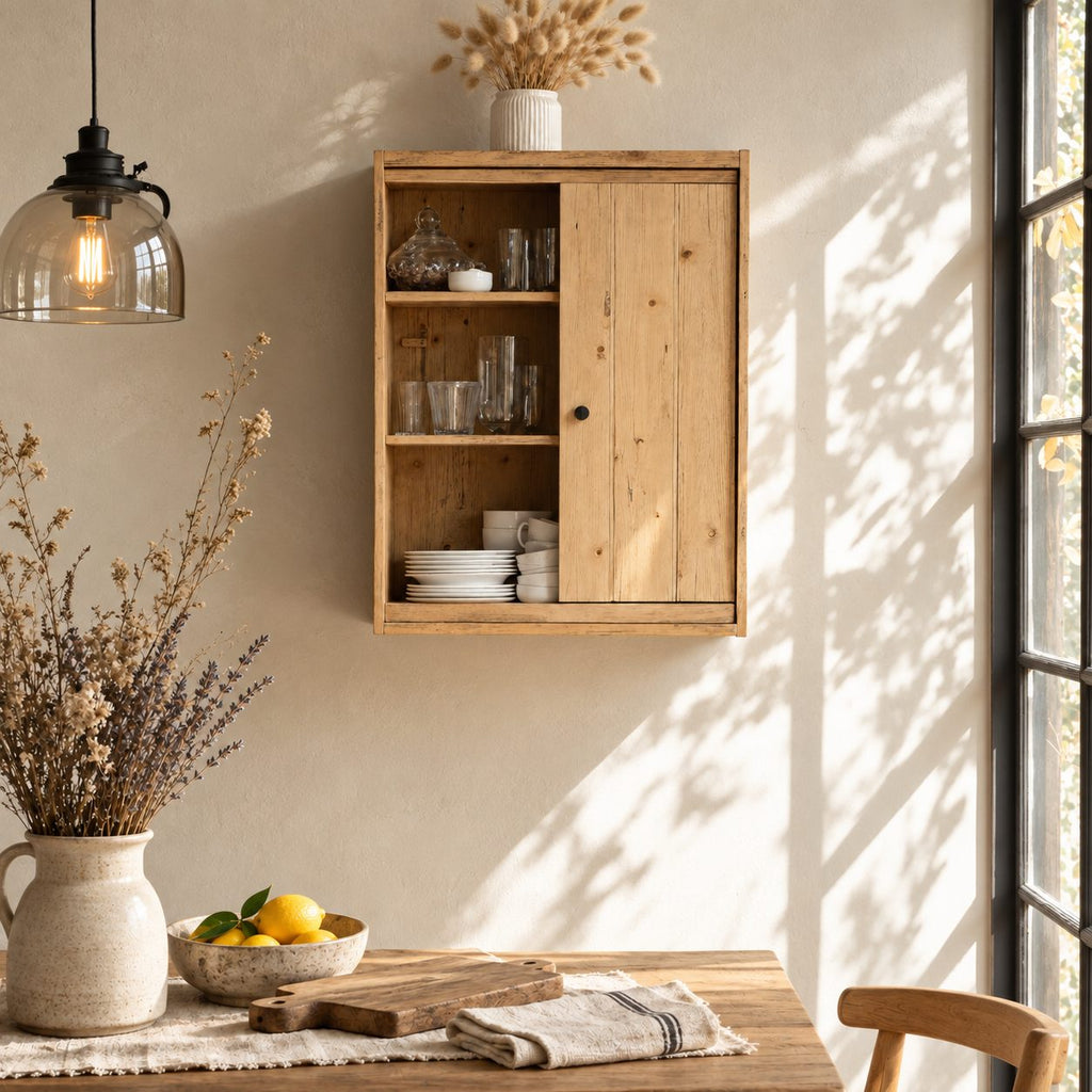 Farmhouse Plank Door Kitchen Wall Cabinet with Round Knob and Open Shelves, Rustic Solid Wood Cupboard