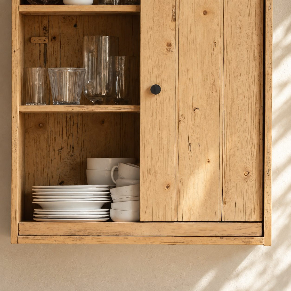Farmhouse Plank Door Kitchen Wall Cabinet with Round Knob and Open Shelves, Rustic Solid Wood Cupboard