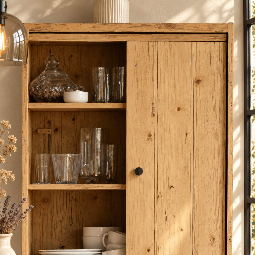 Farmhouse Plank Door Kitchen Wall Cabinet with Round Knob and Open Shelves, Rustic Solid Wood Cupboard