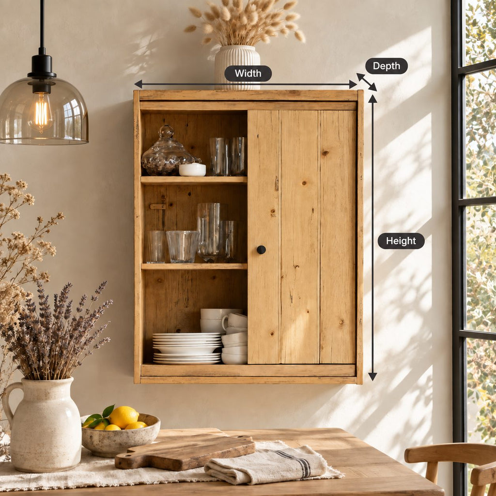 Farmhouse Plank Door Kitchen Wall Cabinet with Round Knob and Open Shelves, Rustic Solid Wood Cupboard