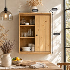 Farmhouse Plank Door Kitchen Wall Cabinet with Round Knob and Open Shelves, Rustic Solid Wood Cupboard
