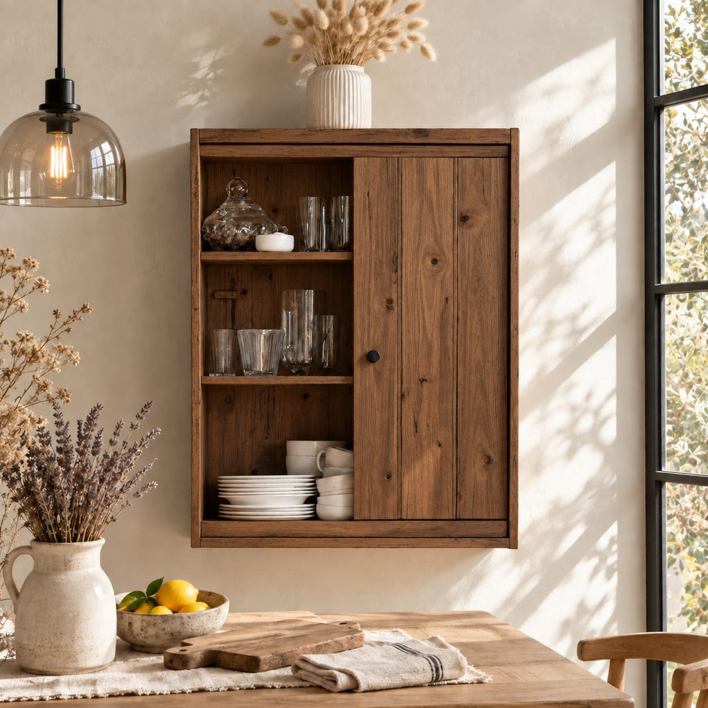 Farmhouse Plank Door Kitchen Wall Cabinet with Round Knob and Open Shelves, Rustic Solid Wood Cupboard