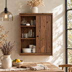 Farmhouse Plank Door Kitchen Wall Cabinet with Round Knob and Open Shelves, Rustic Solid Wood Cupboard