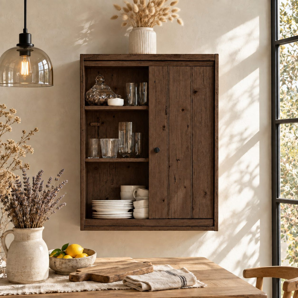 Farmhouse Plank Door Kitchen Wall Cabinet with Round Knob and Open Shelves, Rustic Solid Wood Cupboard
