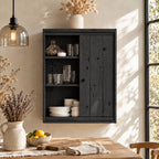 Farmhouse Plank Door Kitchen Wall Cabinet with Round Knob and Open Shelves, Rustic Solid Wood Cupboard