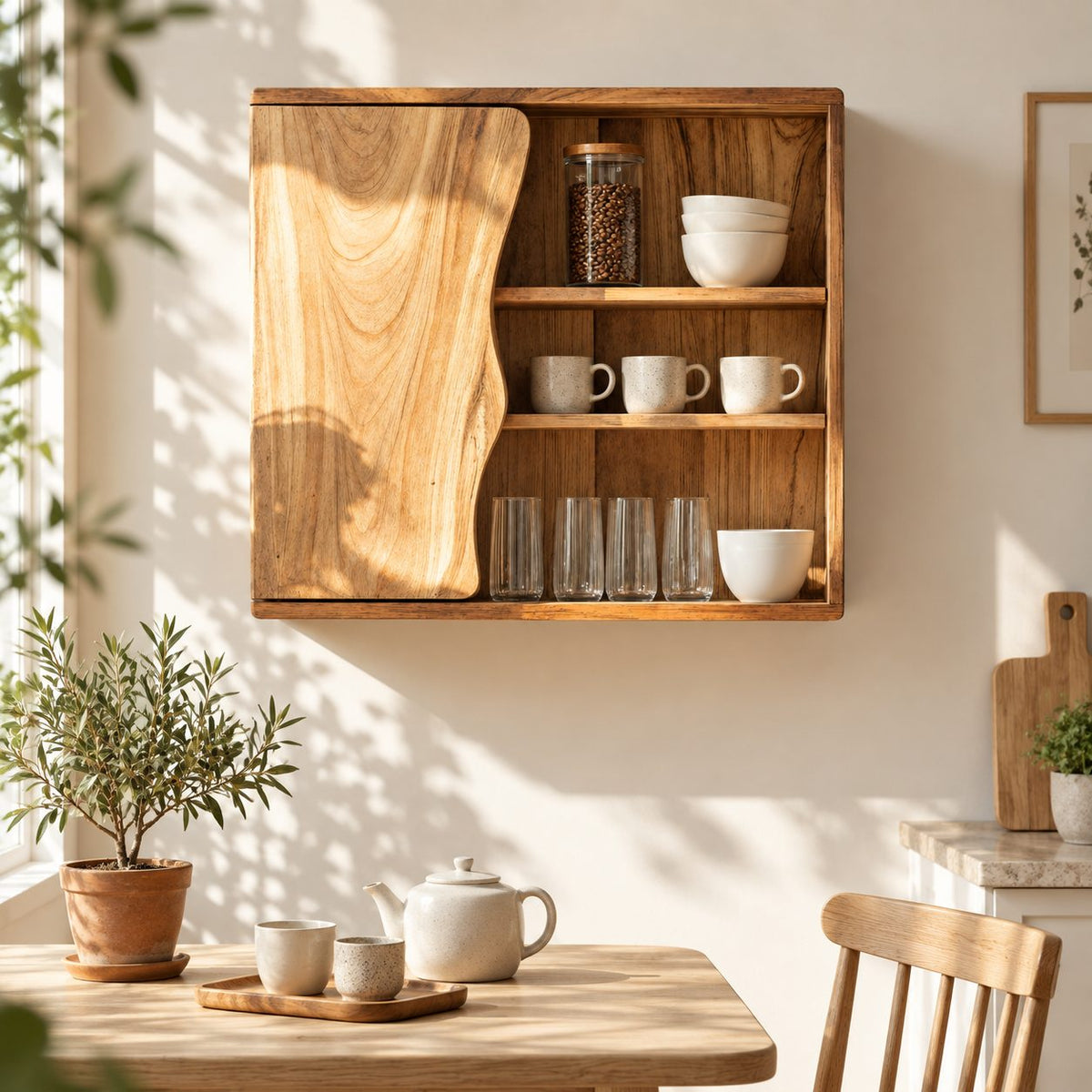 Wavy Edge Door Kitchen Wall Cabinet with Three Open Shelves, Solid Wood Wall Mounted Cupboard