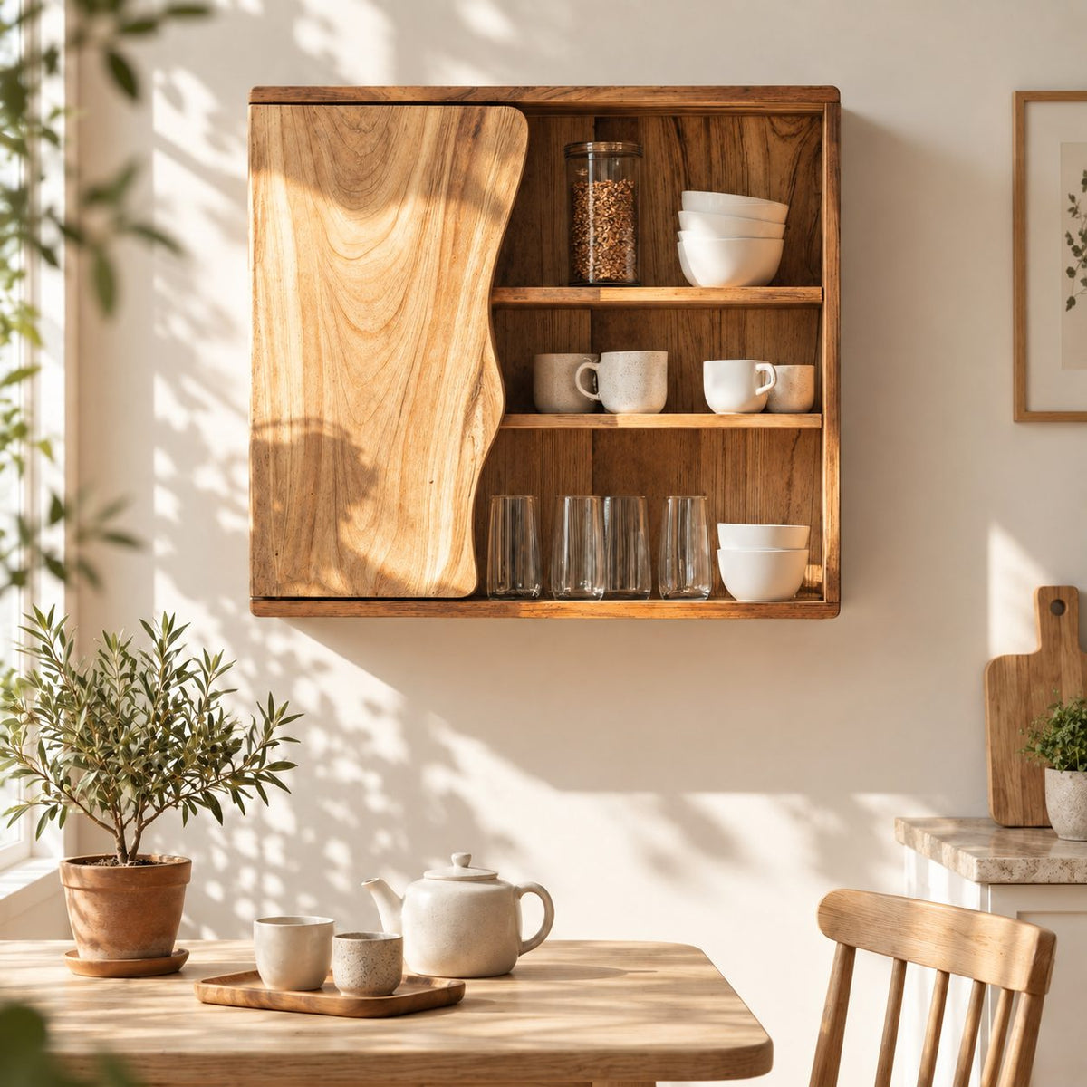 Wavy Edge Door Kitchen Wall Cabinet with Three Open Shelves, Solid Wood Wall Mounted Cupboard