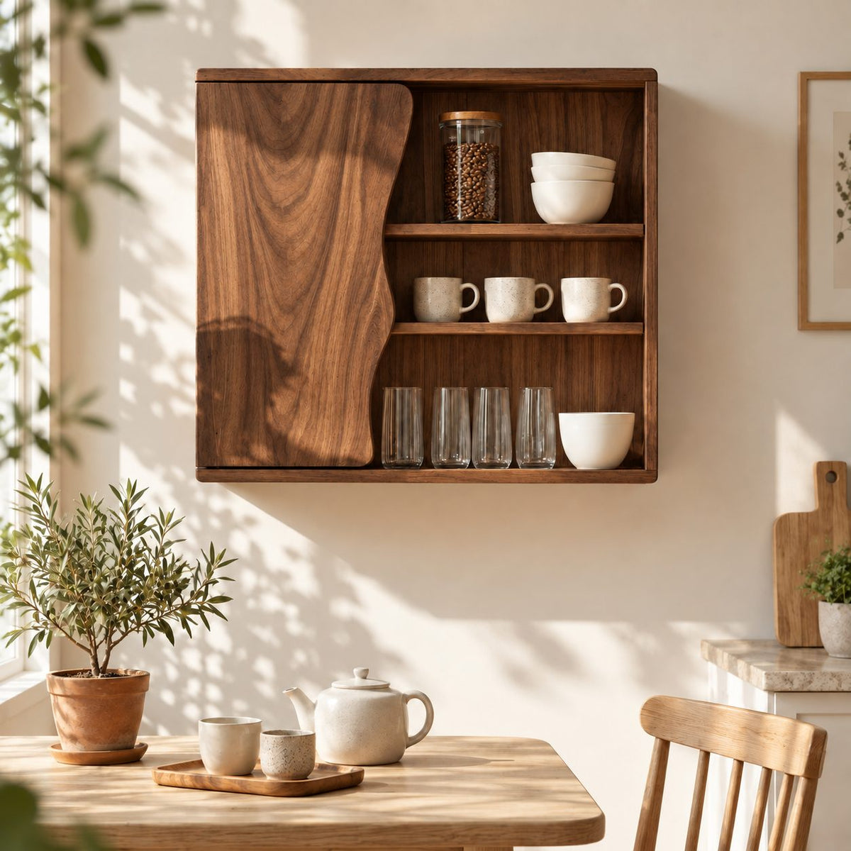 Wavy Edge Door Kitchen Wall Cabinet with Three Open Shelves, Solid Wood Wall Mounted Cupboard