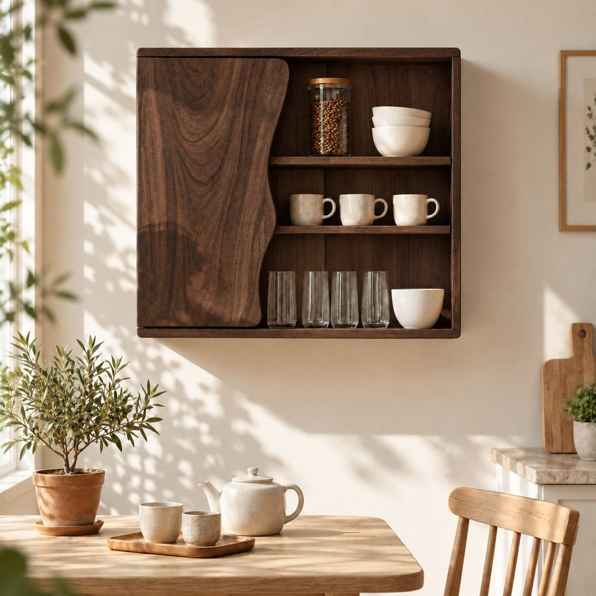 Wavy Edge Door Kitchen Wall Cabinet with Three Open Shelves, Solid Wood Wall Mounted Cupboard