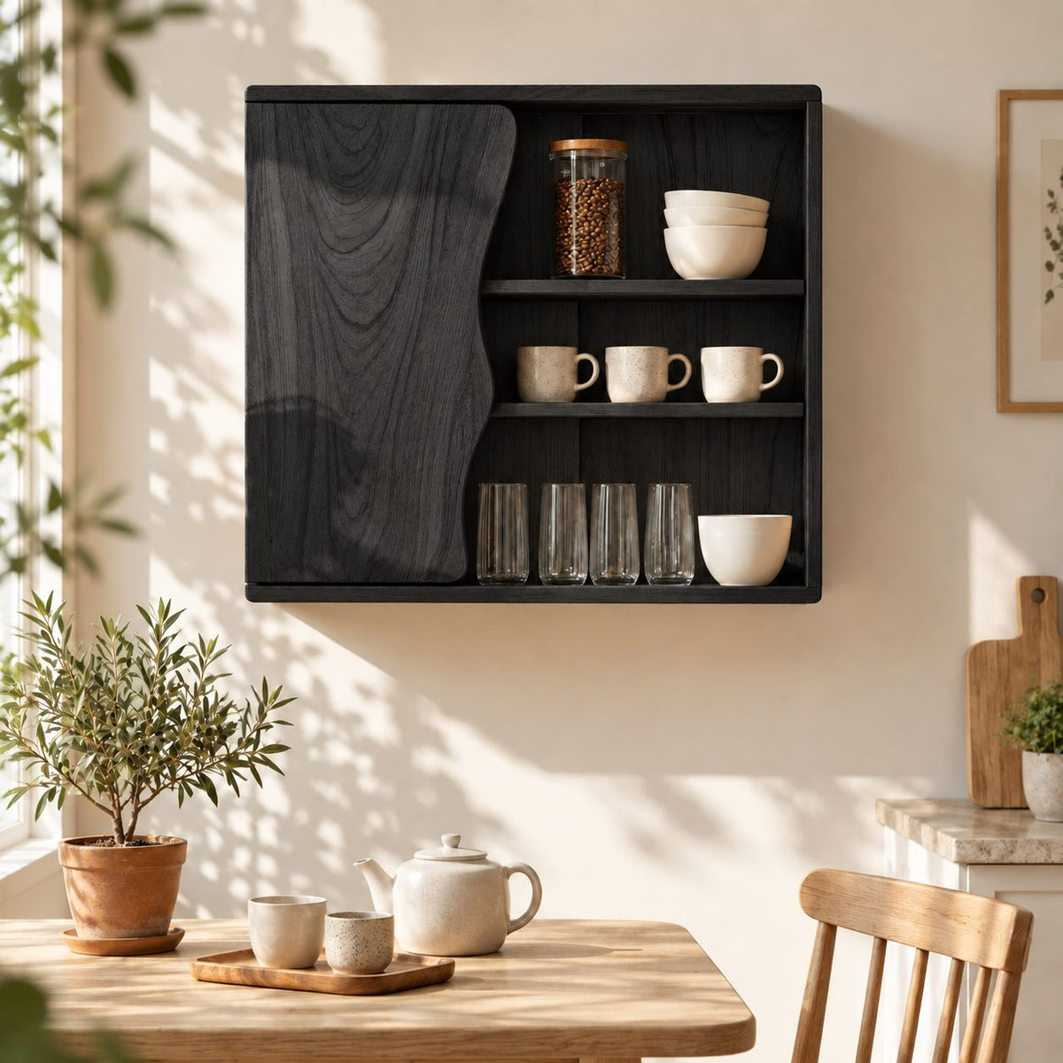 Wavy Edge Door Kitchen Wall Cabinet with Three Open Shelves, Solid Wood Wall Mounted Cupboard