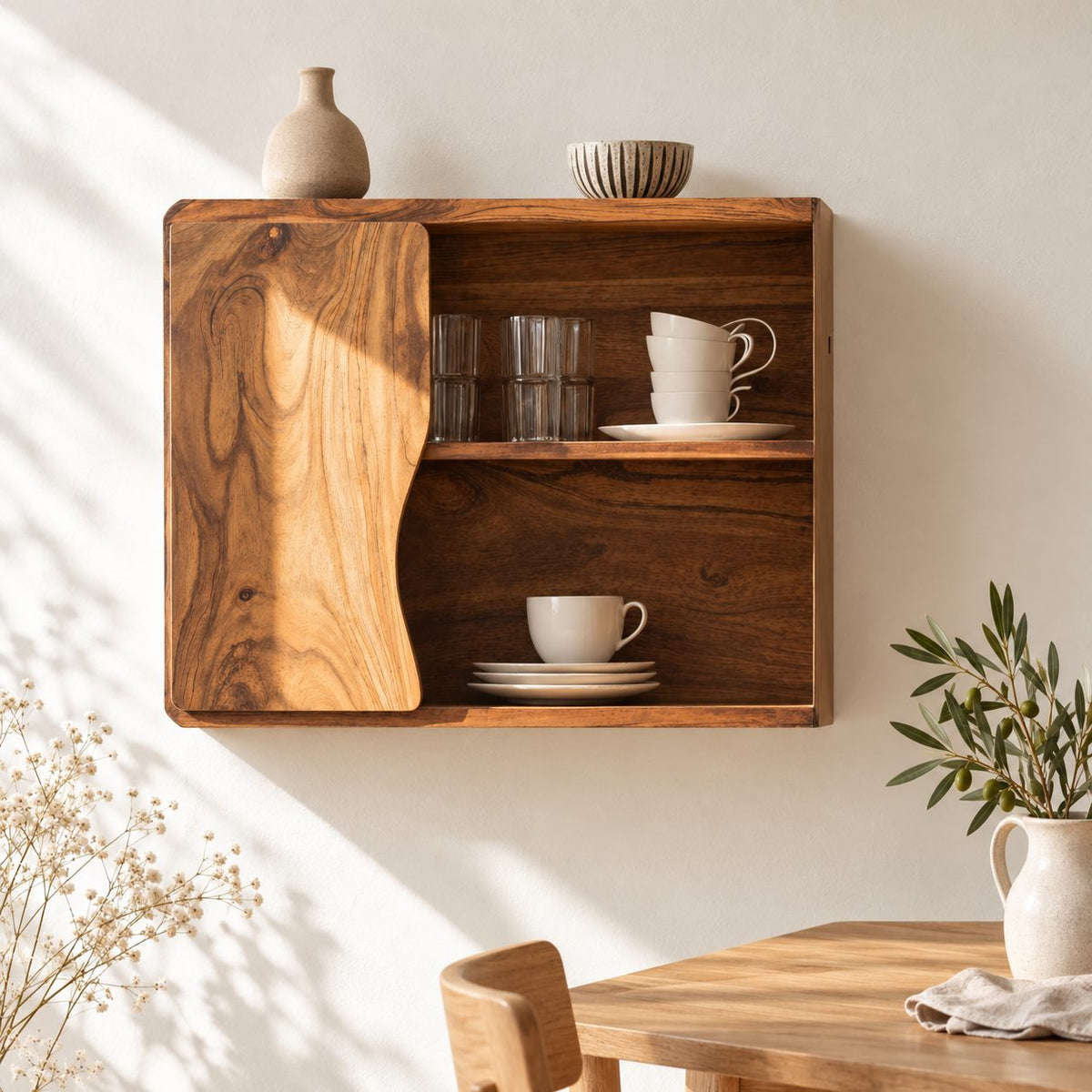 Low Wavy Door Kitchen Wall Cabinet with Rounded Corners, Solid Wood Cup and Dish Cabinet for Walls