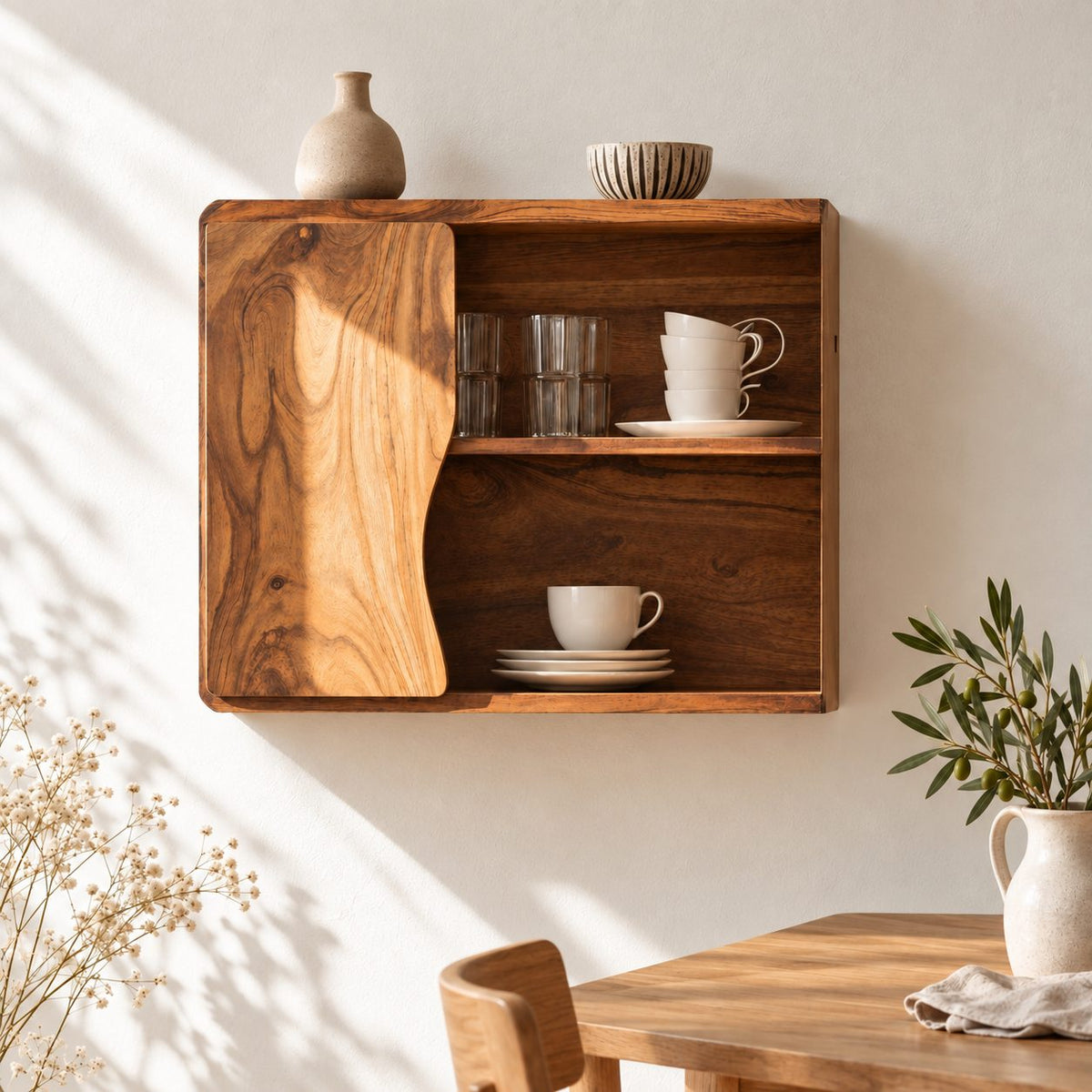 Low Wavy Door Kitchen Wall Cabinet with Rounded Corners, Solid Wood Cup and Dish Cabinet for Walls