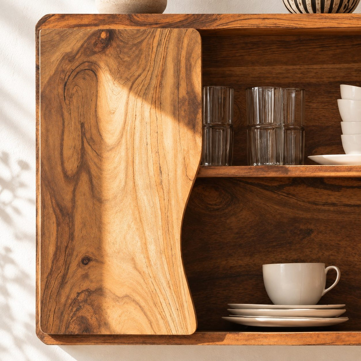 Low Wavy Door Kitchen Wall Cabinet with Rounded Corners, Solid Wood Cup and Dish Cabinet for Walls