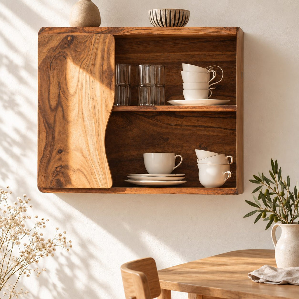Low Wavy Door Kitchen Wall Cabinet with Rounded Corners, Solid Wood Cup and Dish Cabinet for Walls