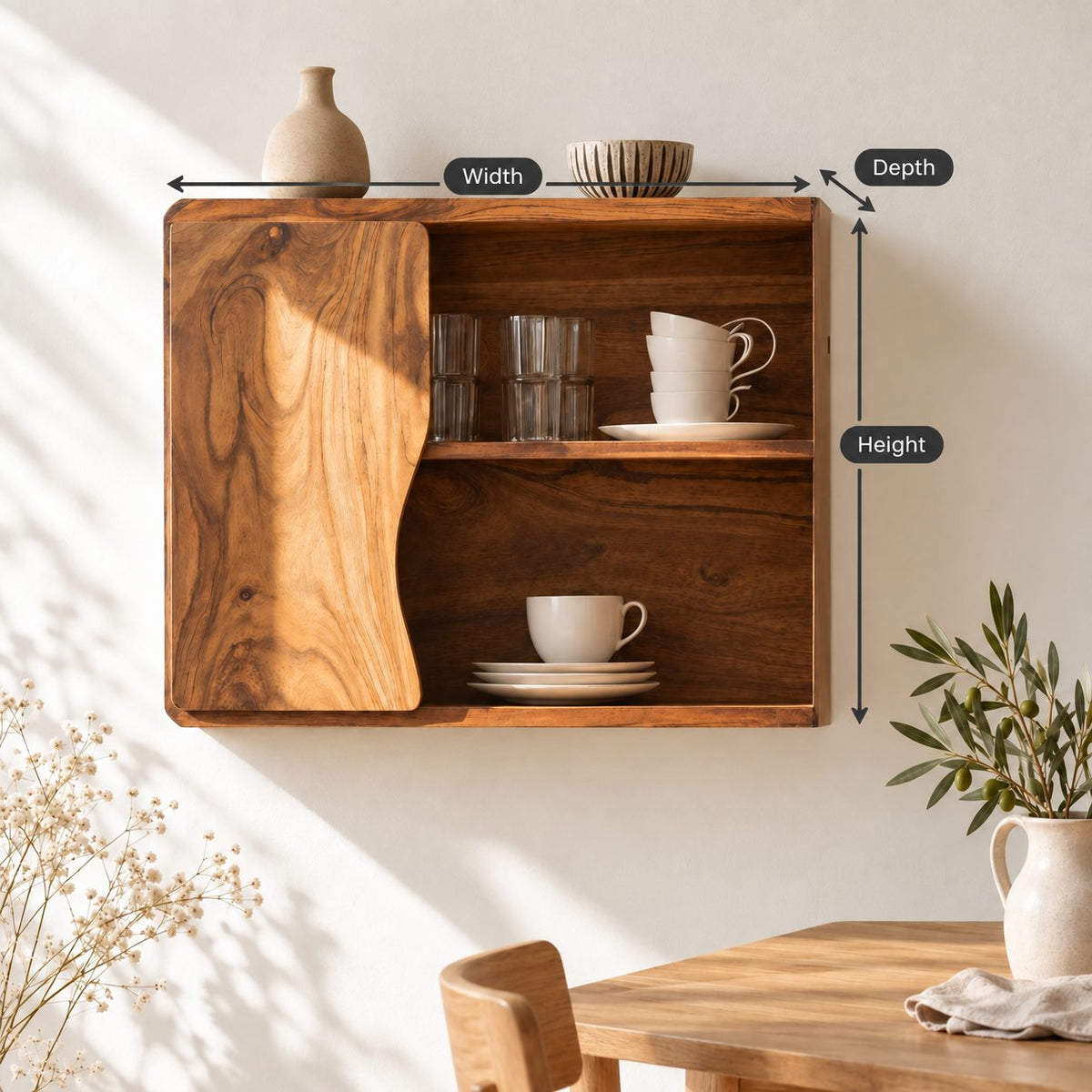 Low Wavy Door Kitchen Wall Cabinet with Rounded Corners, Solid Wood Cup and Dish Cabinet for Walls