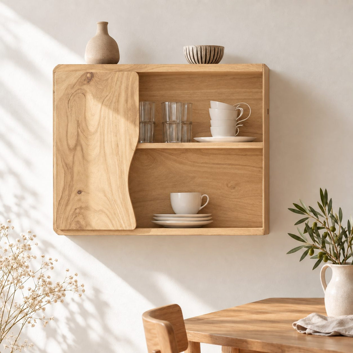 Low Wavy Door Kitchen Wall Cabinet with Rounded Corners, Solid Wood Cup and Dish Cabinet for Walls