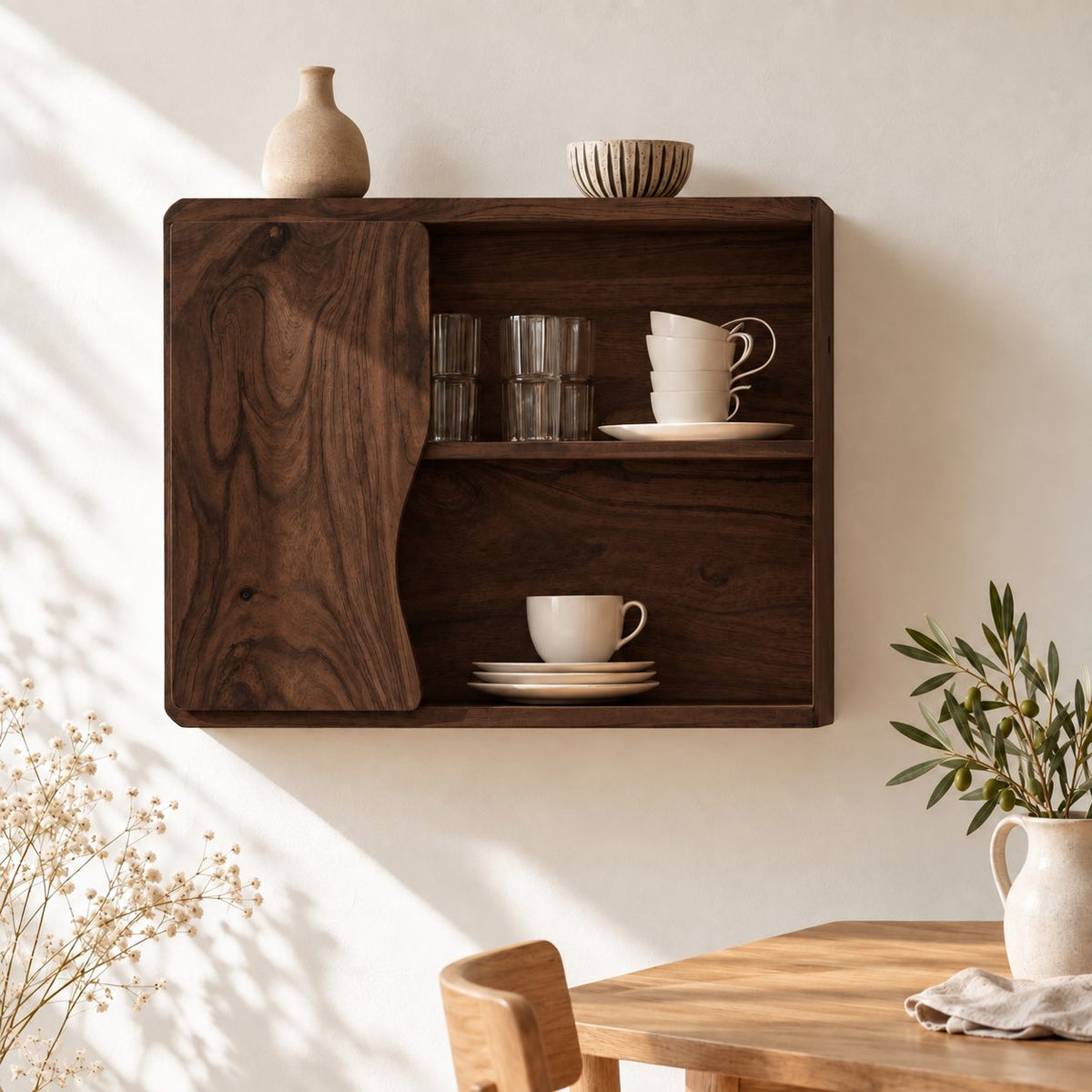 Low Wavy Door Kitchen Wall Cabinet with Rounded Corners, Solid Wood Cup and Dish Cabinet for Walls