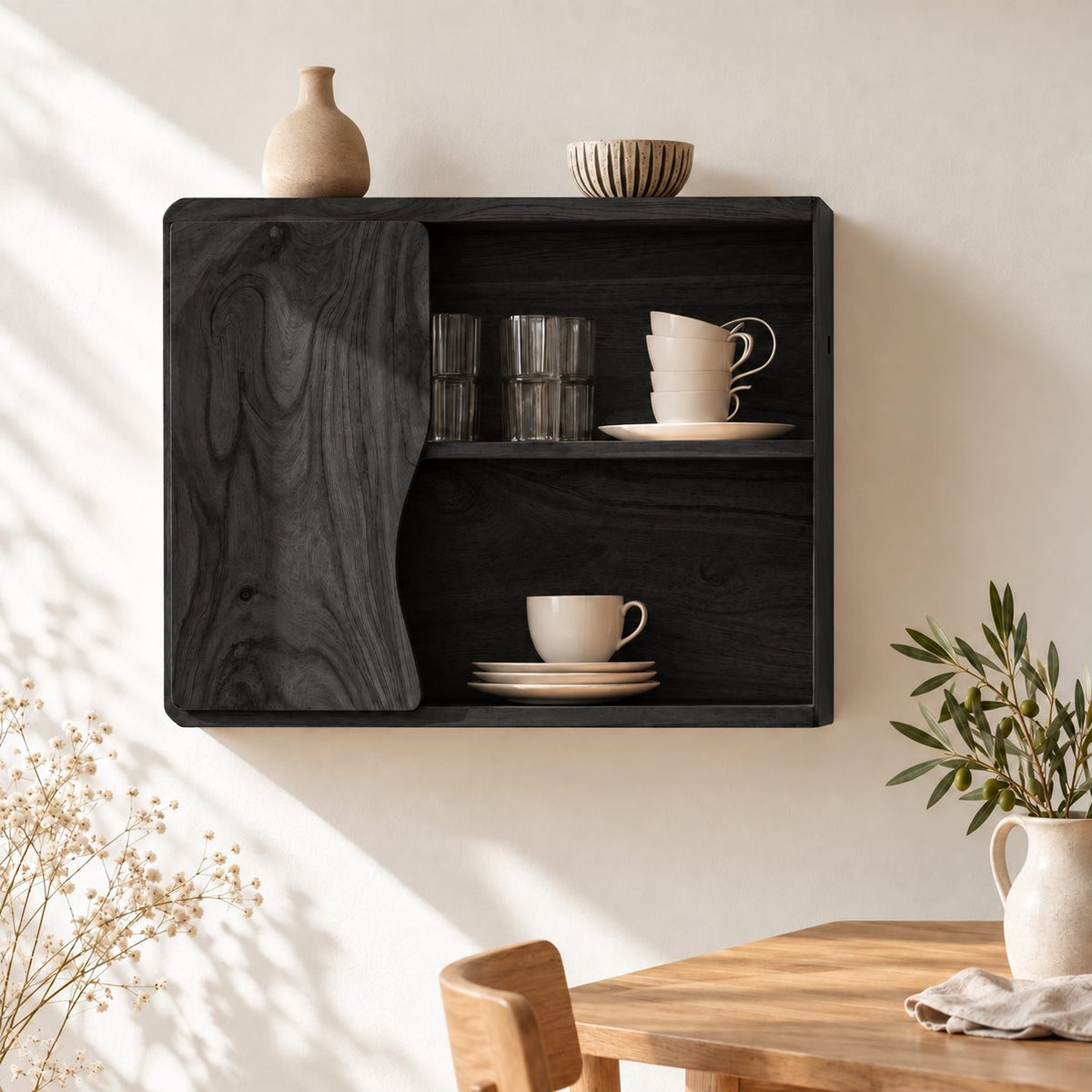 Low Wavy Door Kitchen Wall Cabinet with Rounded Corners, Solid Wood Cup and Dish Cabinet for Walls