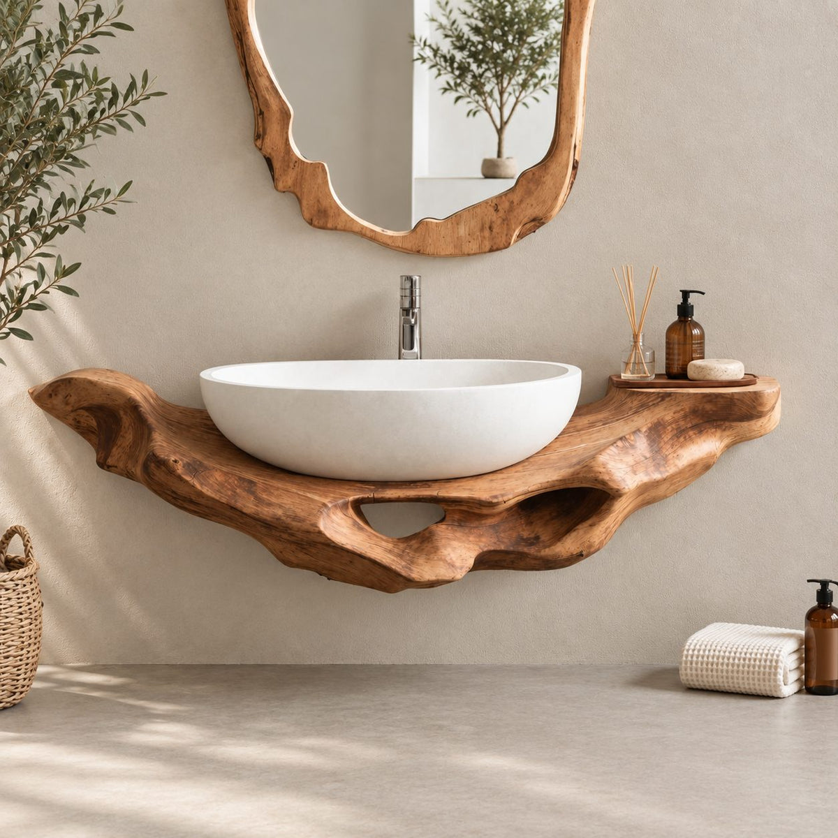 Floating Bathroom Vanity 16-60 Inch, Sculptural Driftwood Live Edge Wall Vanity with Open Hollows