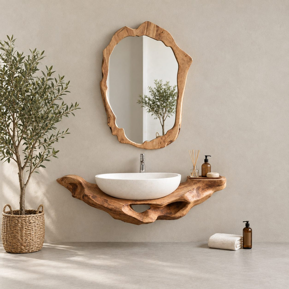 Floating Bathroom Vanity 16-60 Inch, Sculptural Driftwood Live Edge Wall Vanity with Open Hollows