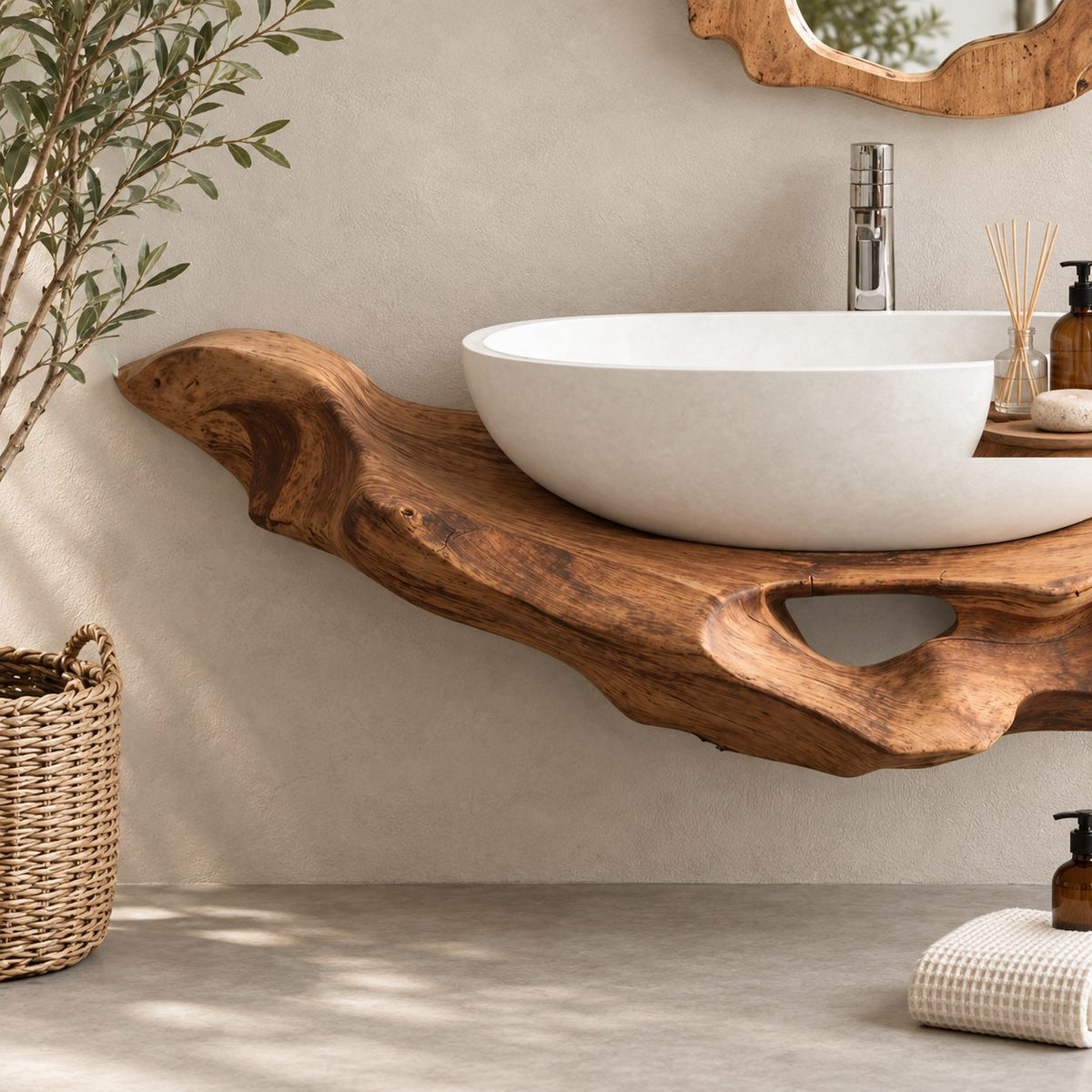 Floating Bathroom Vanity 16-60 Inch, Sculptural Driftwood Live Edge Wall Vanity with Open Hollows
