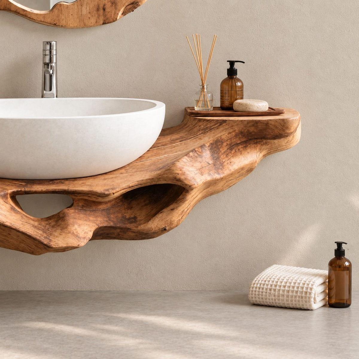 Floating Bathroom Vanity 16-60 Inch, Sculptural Driftwood Live Edge Wall Vanity with Open Hollows