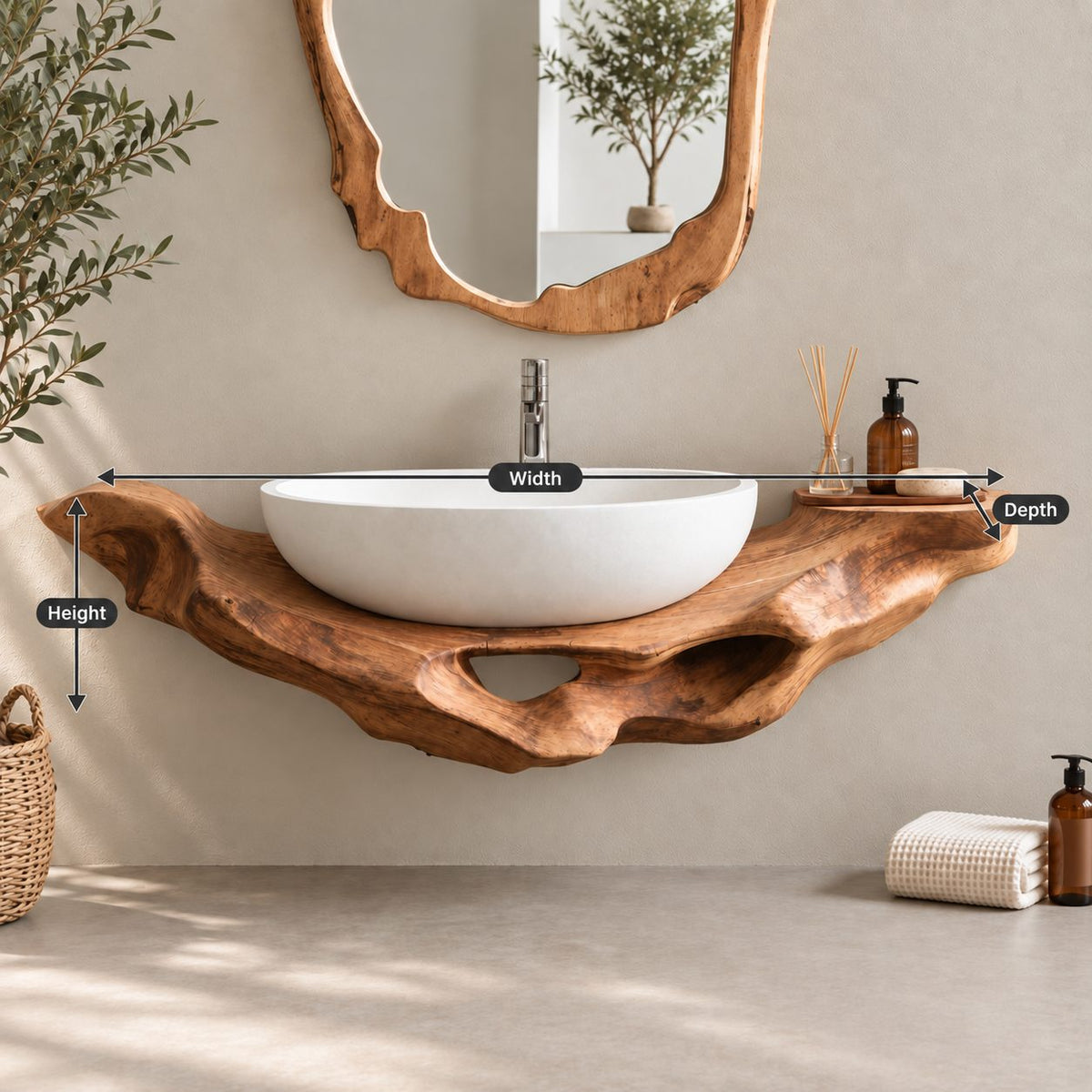 Floating Bathroom Vanity 16-60 Inch, Sculptural Driftwood Live Edge Wall Vanity with Open Hollows