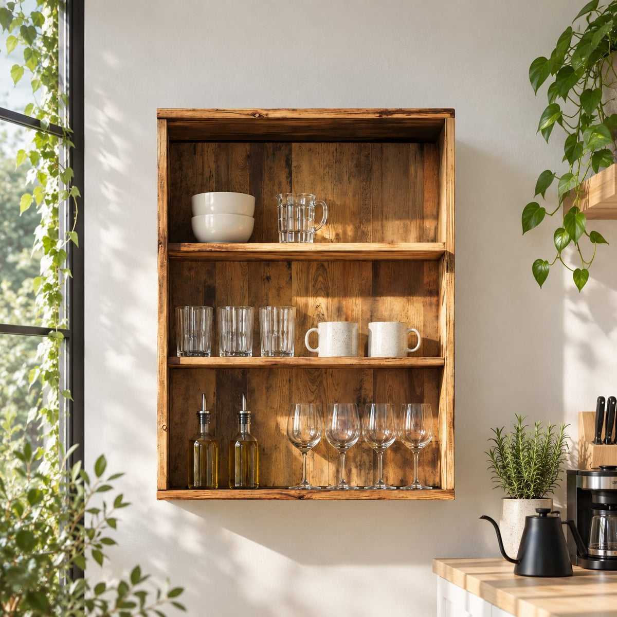 Open Front Kitchen Wall Cabinet with Plank Back and Four Tiers, Rustic Solid Wood Wall Dish Cabinet