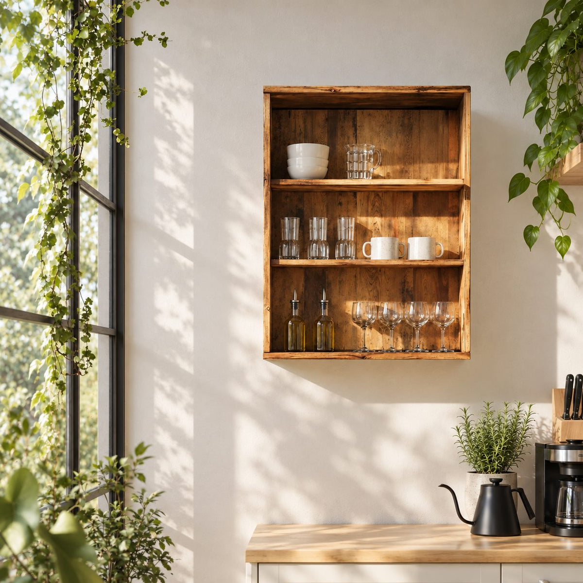 Open Front Kitchen Wall Cabinet with Plank Back and Four Tiers, Rustic Solid Wood Wall Dish Cabinet