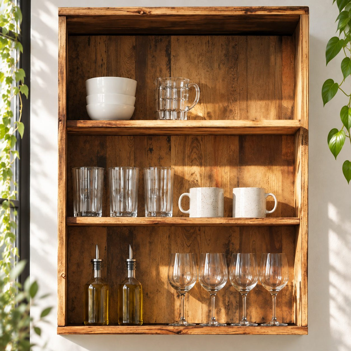 Open Front Kitchen Wall Cabinet with Plank Back and Four Tiers, Rustic Solid Wood Wall Dish Cabinet