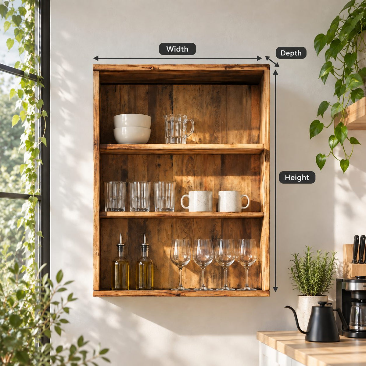 Open Front Kitchen Wall Cabinet with Plank Back and Four Tiers, Rustic Solid Wood Wall Dish Cabinet
