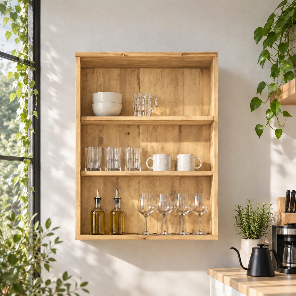 Open Front Kitchen Wall Cabinet with Plank Back and Four Tiers, Rustic Solid Wood Wall Dish Cabinet