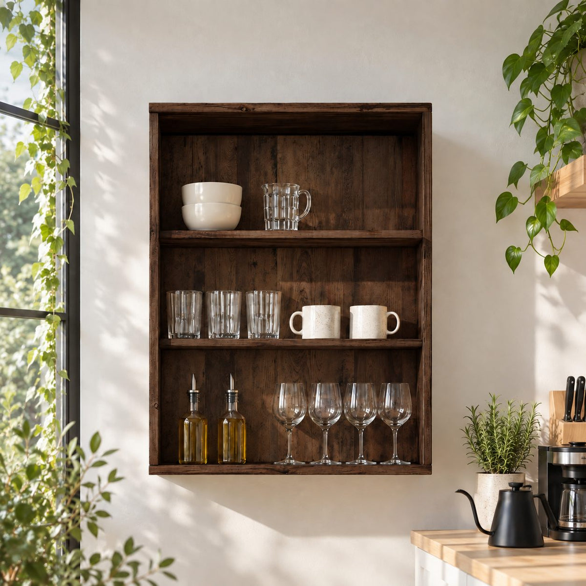 Open Front Kitchen Wall Cabinet with Plank Back and Four Tiers, Rustic Solid Wood Wall Dish Cabinet