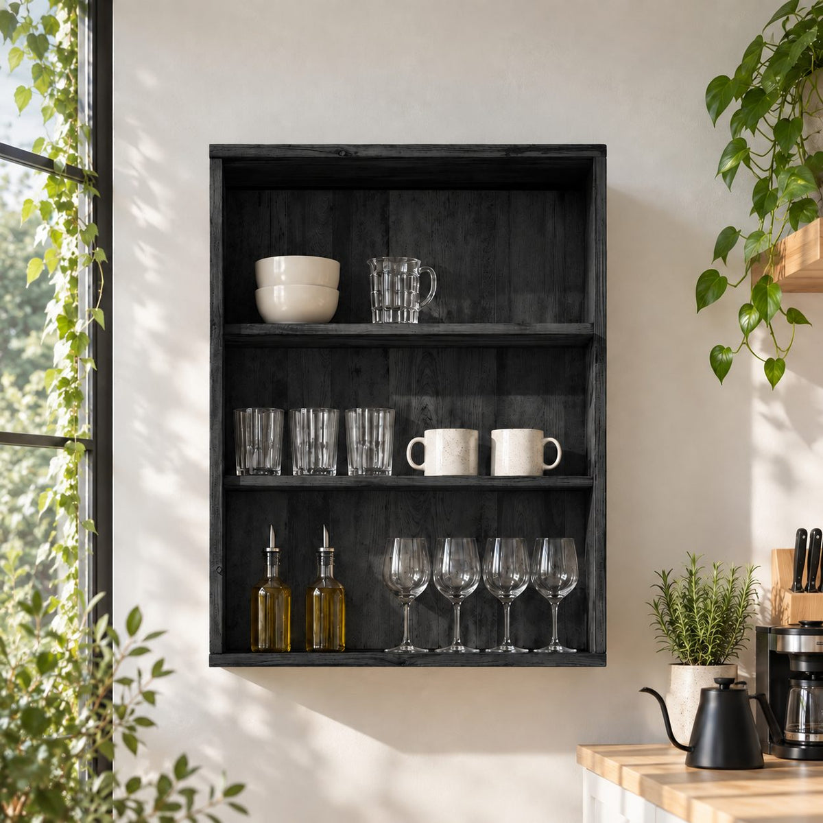 Open Front Kitchen Wall Cabinet with Plank Back and Four Tiers, Rustic Solid Wood Wall Dish Cabinet