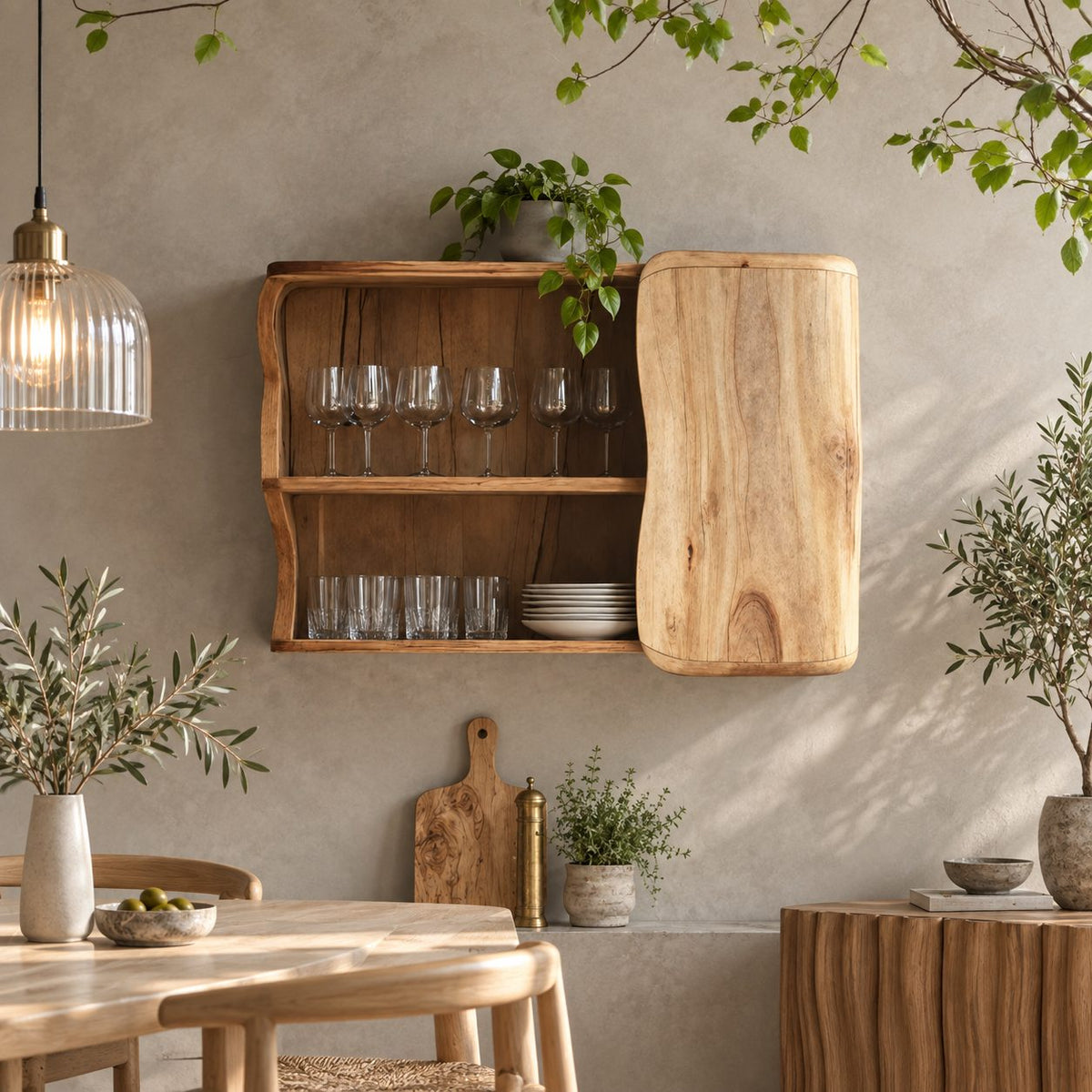 Organic Curved Kitchen Wall Cabinet with Rounded Slab Door and Open Shelves, Solid Wood Wall Cupboard