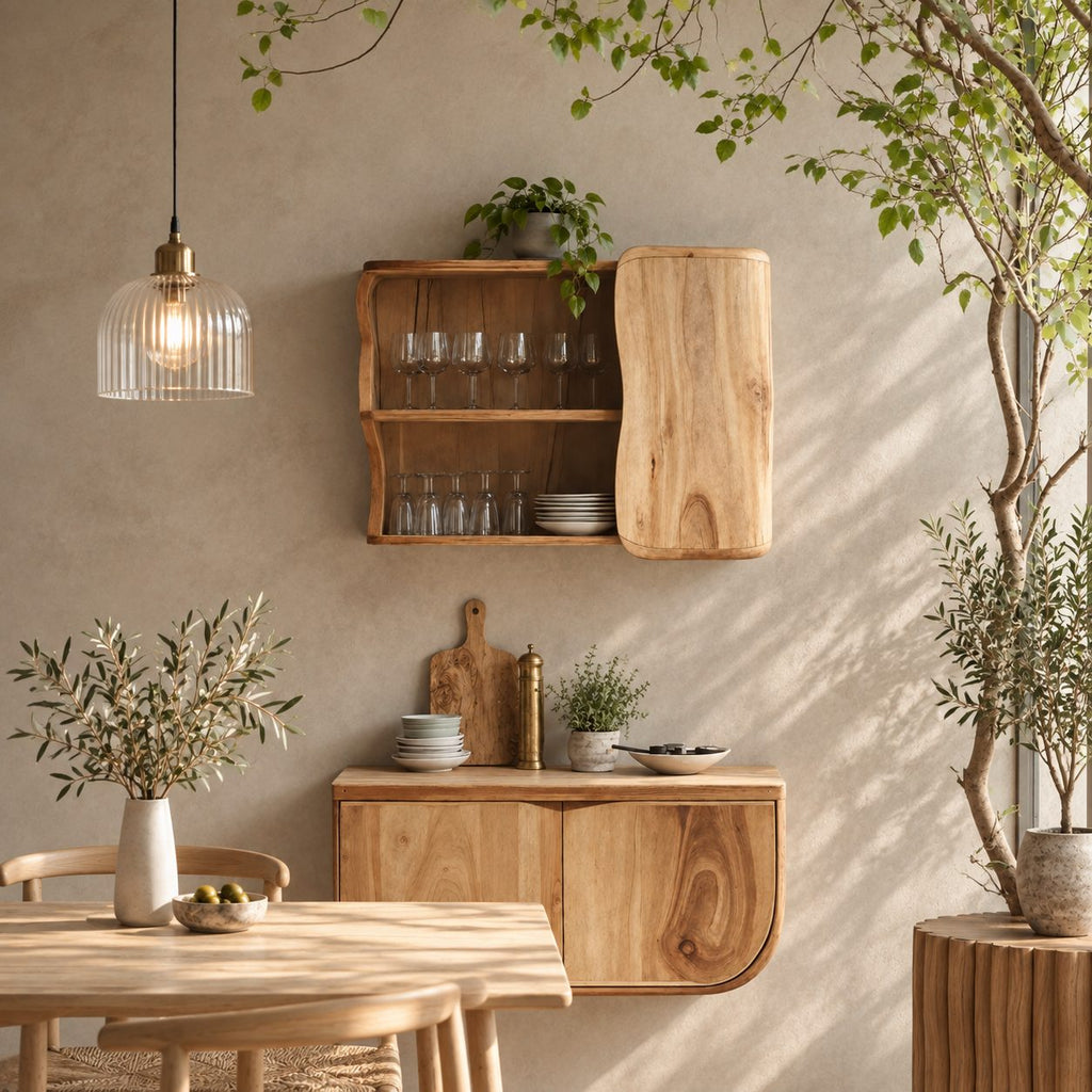 Organic Curved Kitchen Wall Cabinet with Rounded Slab Door and Open Shelves, Solid Wood Wall Cupboard