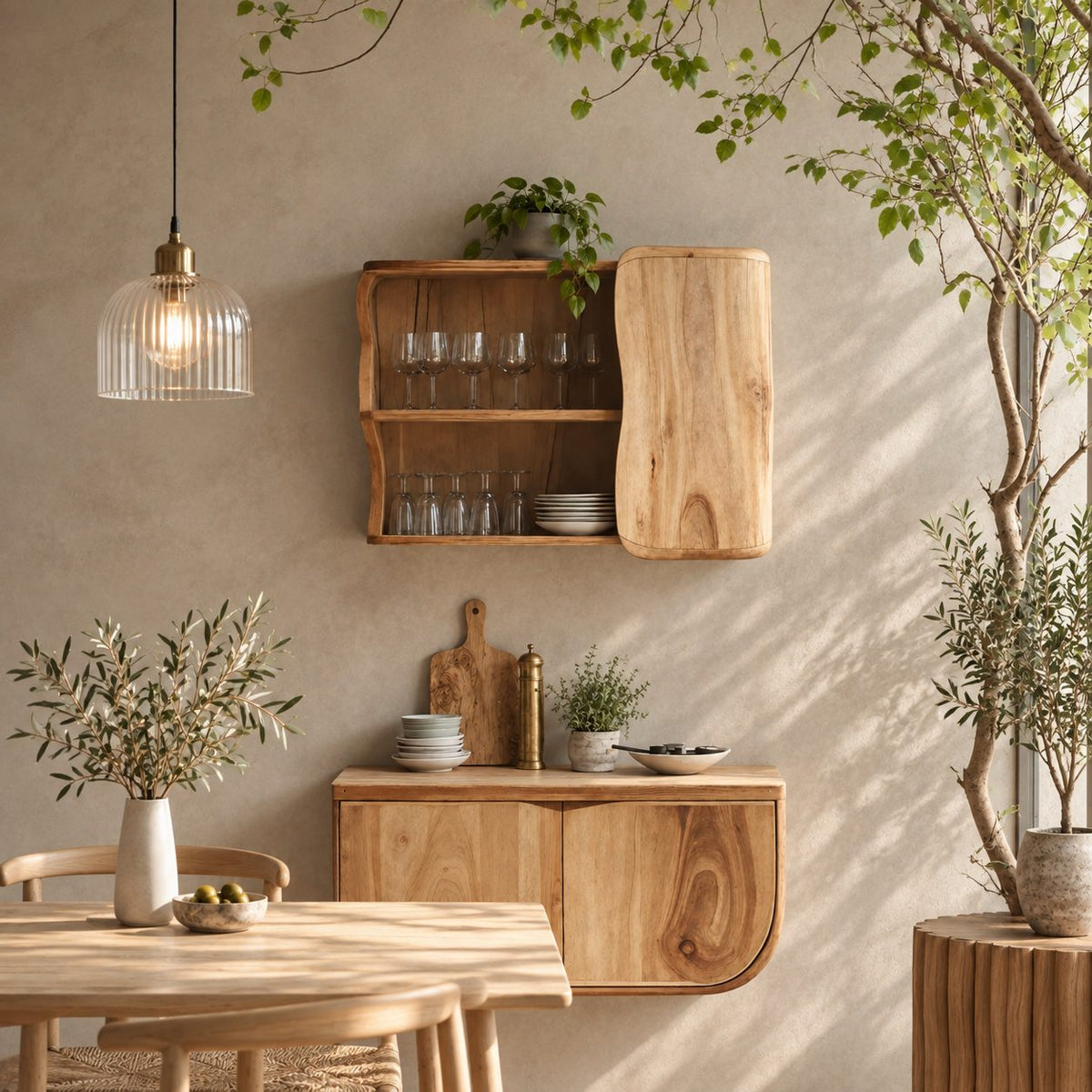 Organic Curved Kitchen Wall Cabinet with Rounded Slab Door and Open Shelves, Solid Wood Wall Cupboard