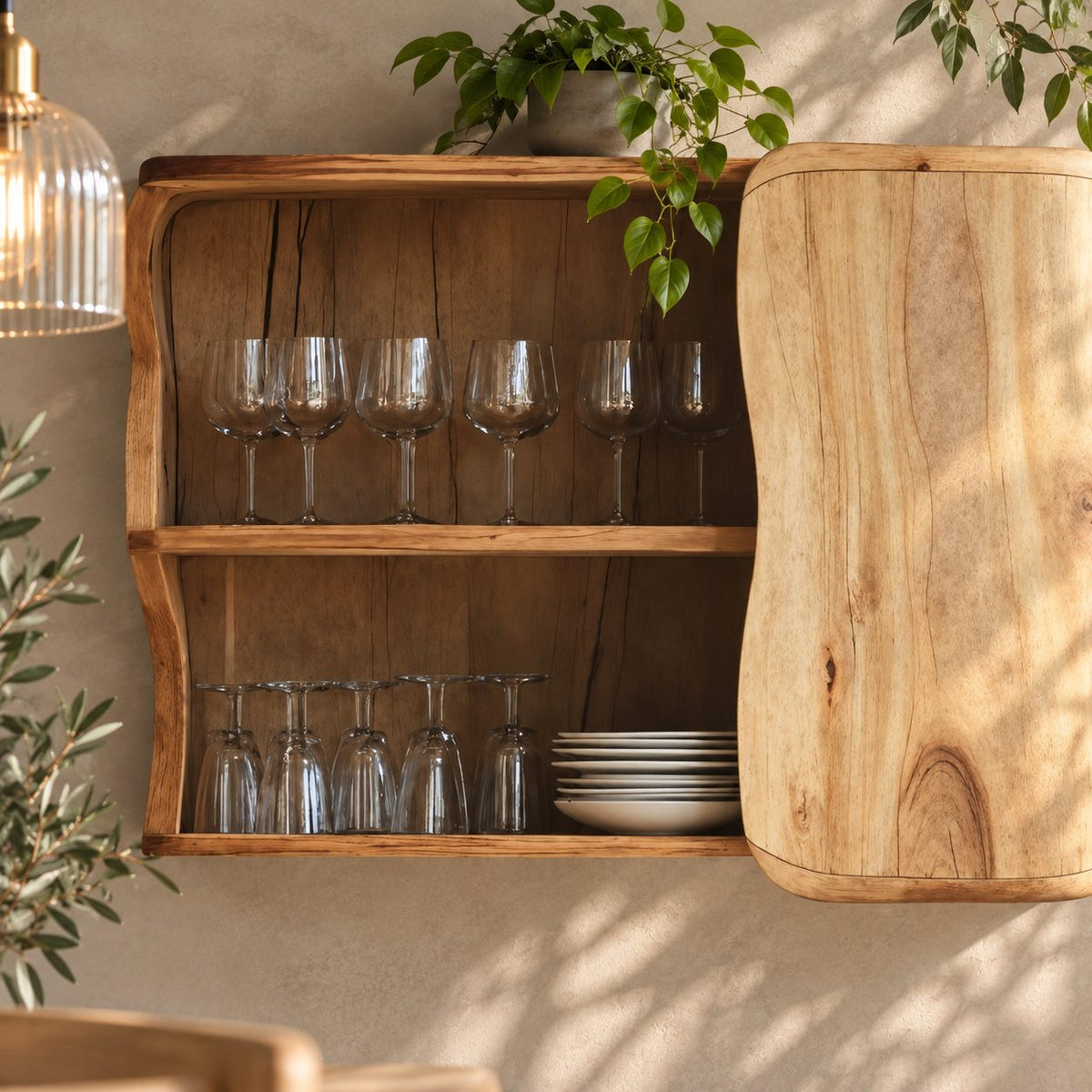 Organic Curved Kitchen Wall Cabinet with Rounded Slab Door and Open Shelves, Solid Wood Wall Cupboard