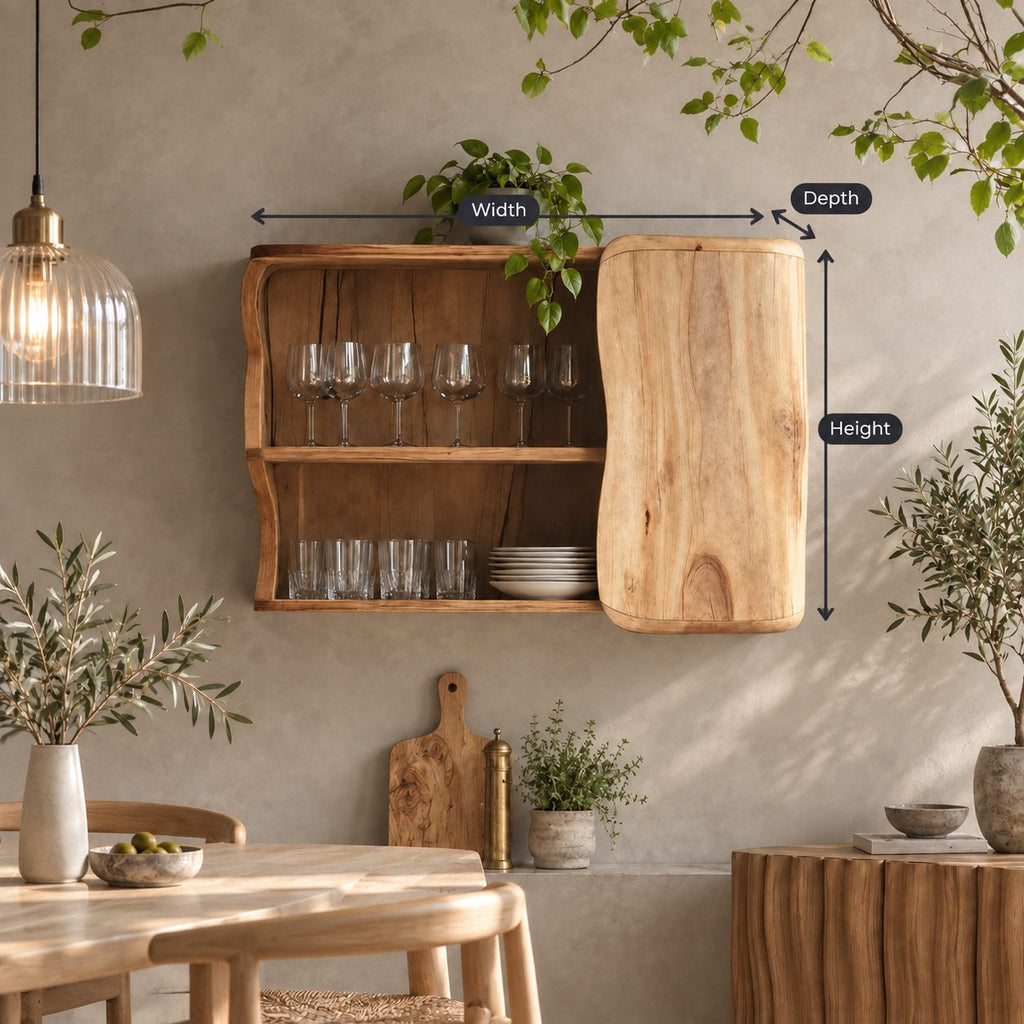 Organic Curved Kitchen Wall Cabinet with Rounded Slab Door and Open Shelves, Solid Wood Wall Cupboard