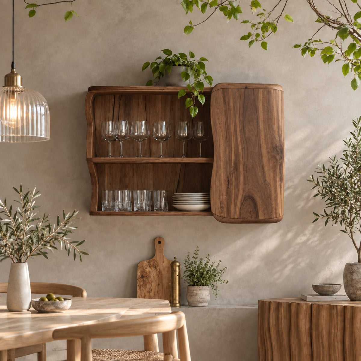 Organic Curved Kitchen Wall Cabinet with Rounded Slab Door and Open Shelves, Solid Wood Wall Cupboard