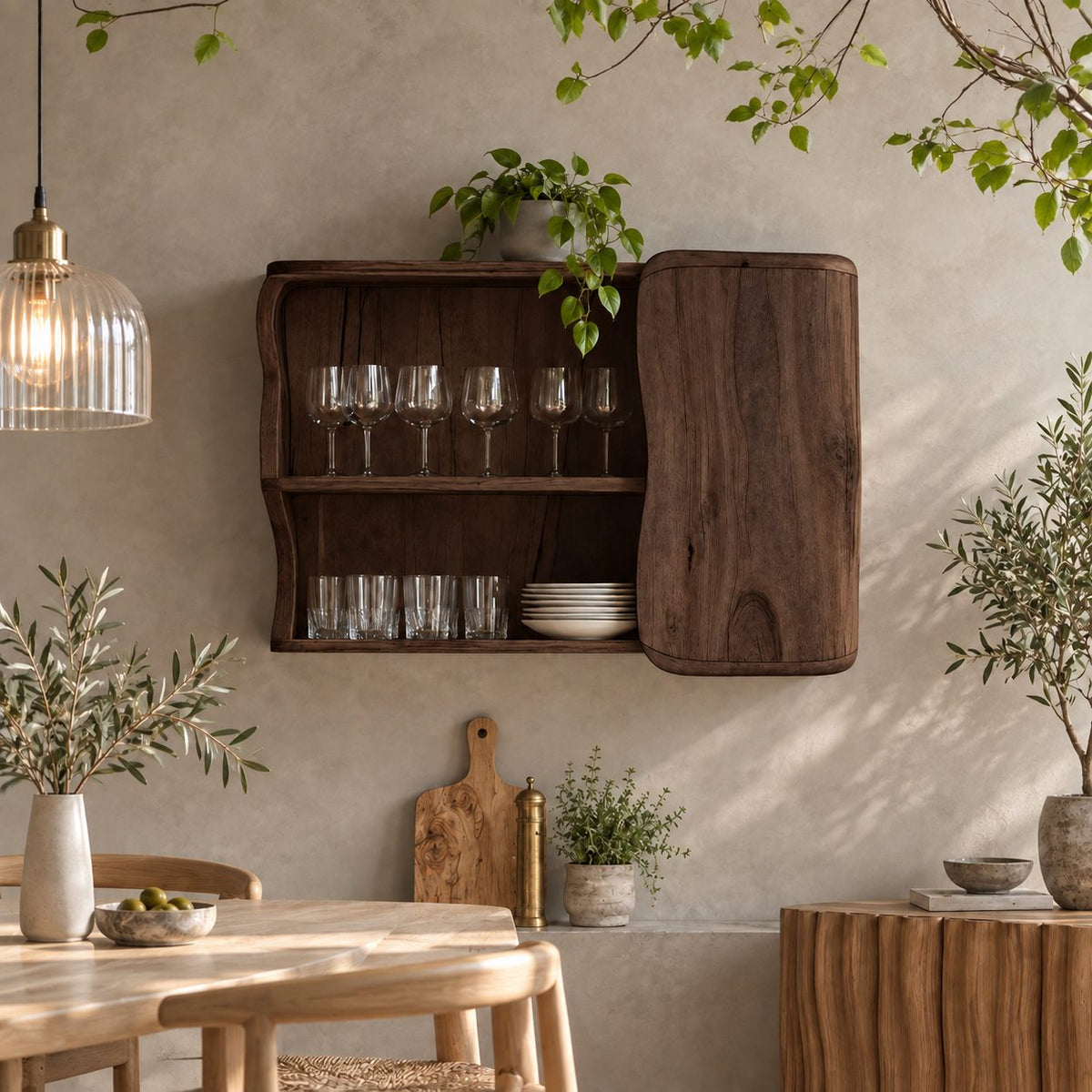 Organic Curved Kitchen Wall Cabinet with Rounded Slab Door and Open Shelves, Solid Wood Wall Cupboard