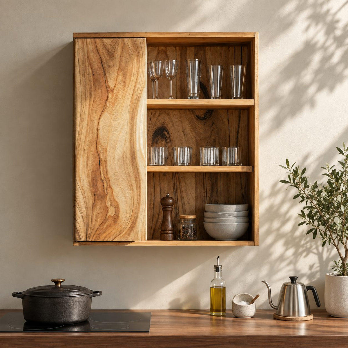 River Grain Door Kitchen Wall Cabinet, Tall Solid Wood Wall Mounted Cupboard with Three Open Shelves