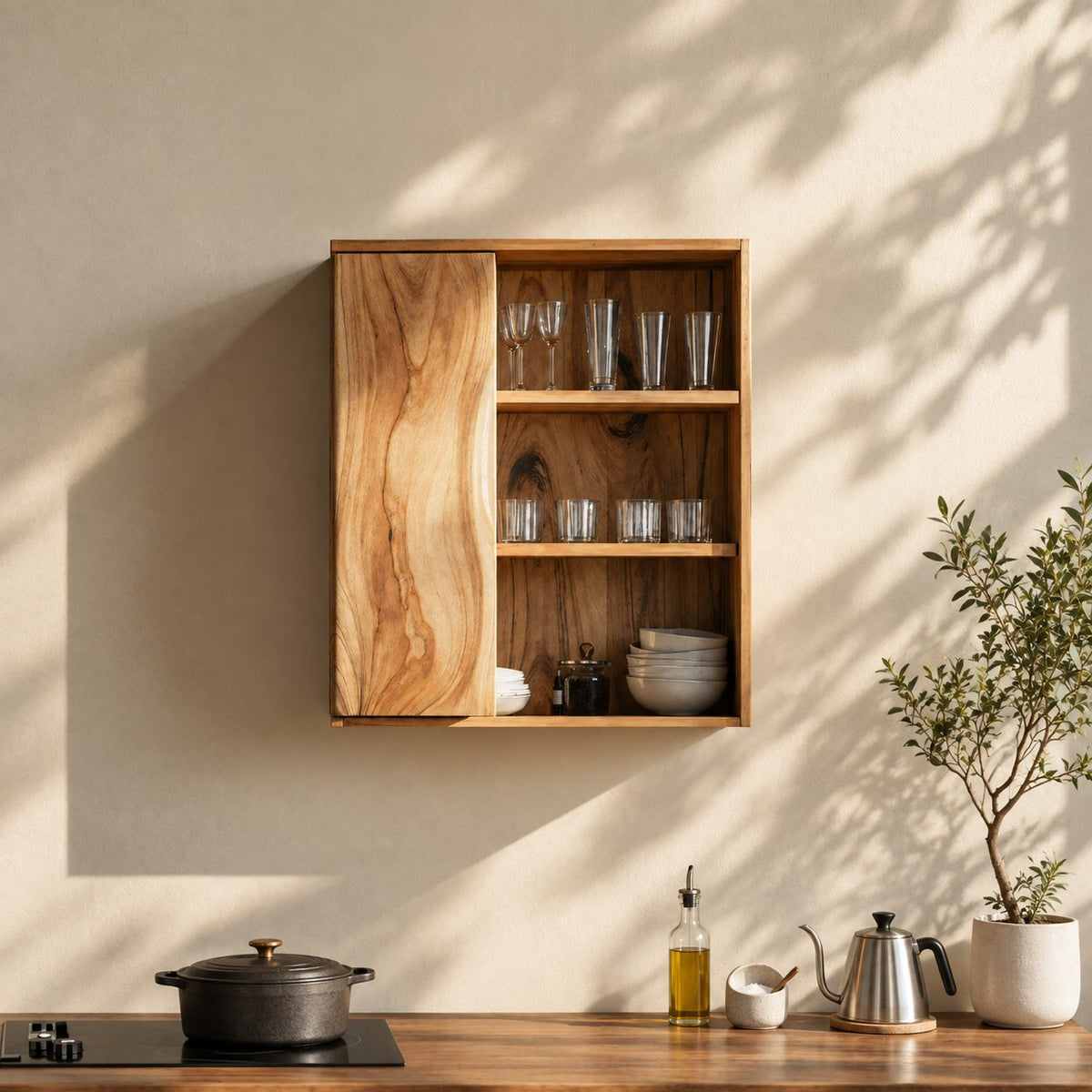 River Grain Door Kitchen Wall Cabinet, Tall Solid Wood Wall Mounted Cupboard with Three Open Shelves